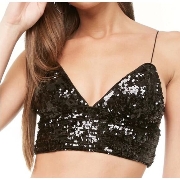 Forever 21 Black Sequin Bralette Cami Top Medium Party Clubwear - Picture 1 of 6